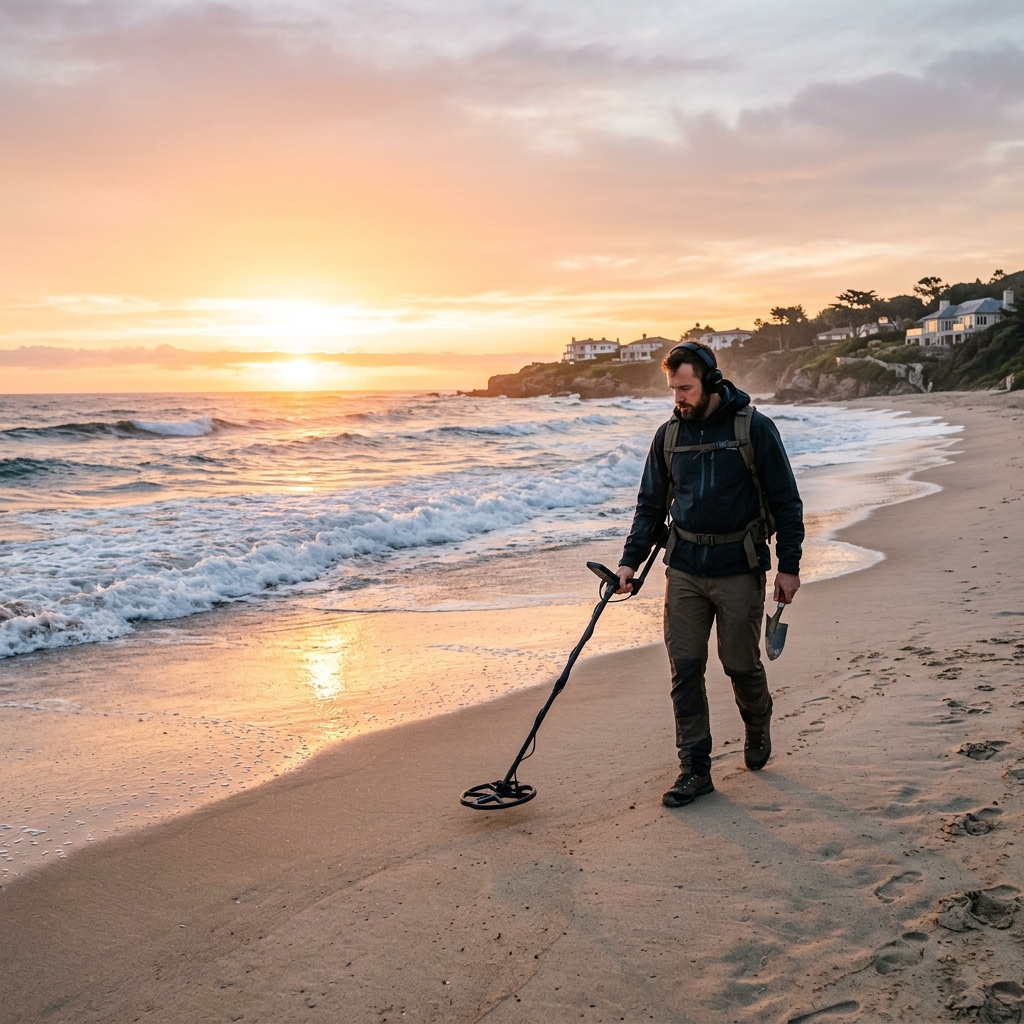 Metal detectorist on the beach at golden hour