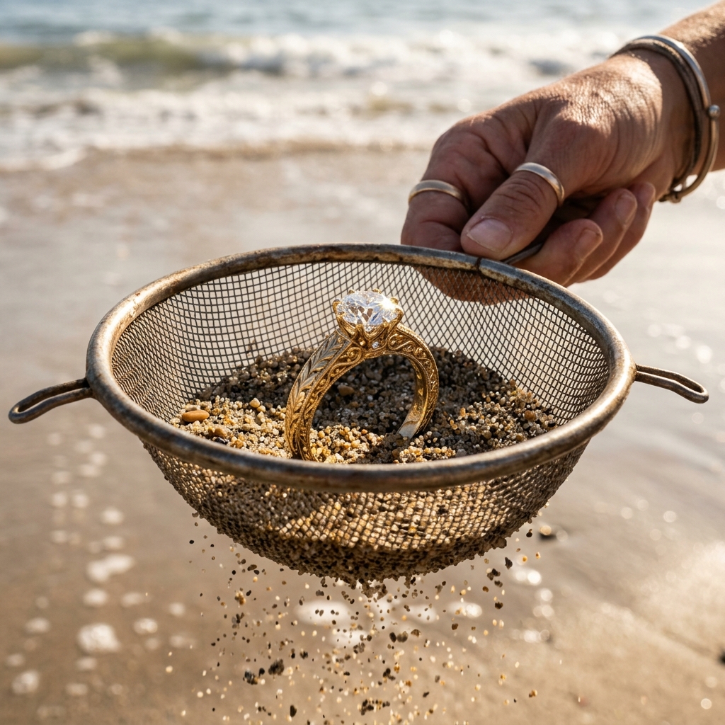 Intricate gold ring covered in sand being recovered
